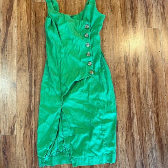By Anthropologie Sleeveless Square-Neck Linen Button Wrap Midi Dress Green M - Picture 3 of 5